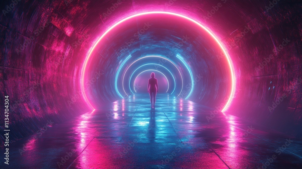 Futuristic Neon Tunnel with Glowing Lights and Dynamic Motion Blur in Cyberpunk Style Futuristic Neon Tunnel with Glowing Lights and Dynamic Motion Blur in Cyberpunk Style