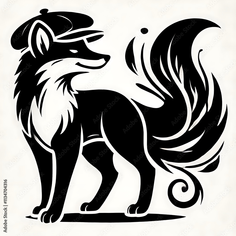 Fototapeta premium Stylized black fox with a cap and decorative tail.