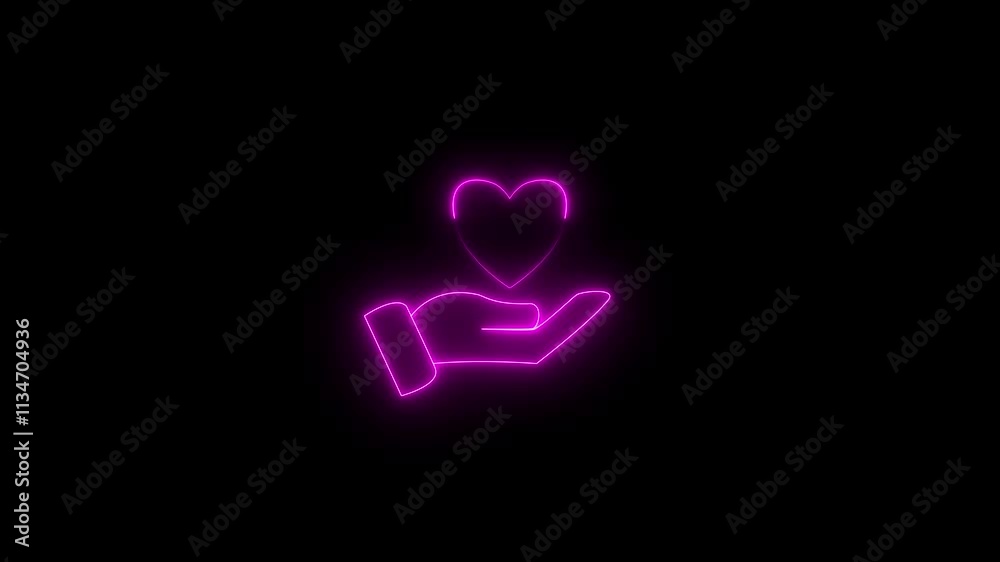Neon Hand holding a heart love icon on a dark background.. Neon Hand holding a heart love icon on a dark background..