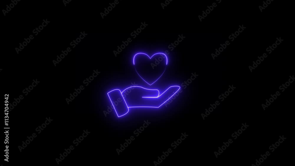Neon Hand holding a heart love icon on a dark background.. Neon Hand holding a heart love icon on a dark background..