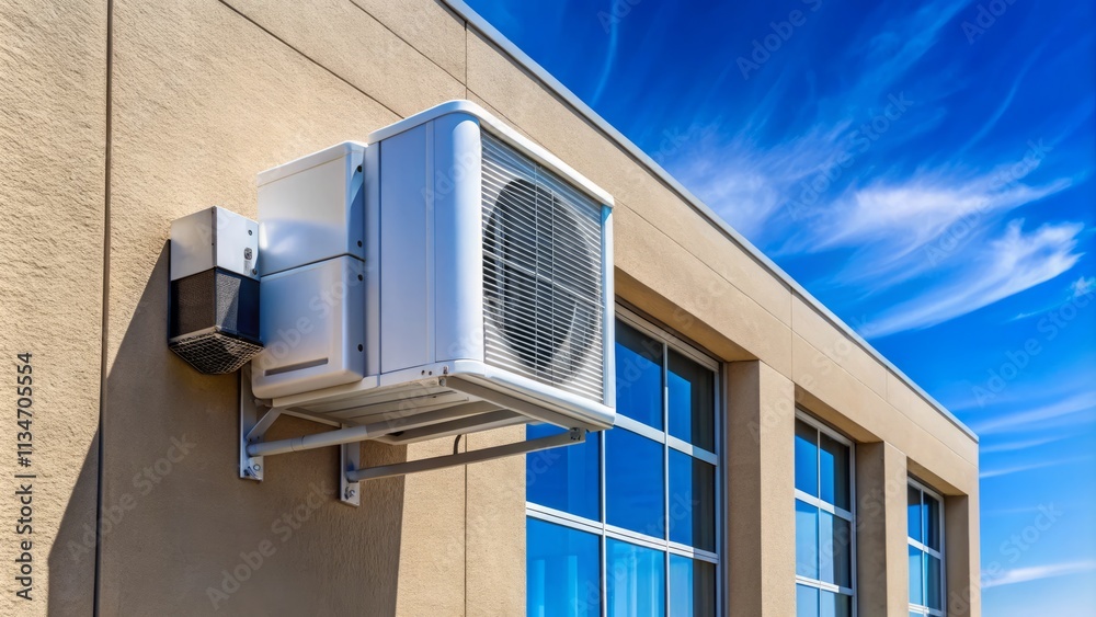 Modern Window Air Conditioner Unit Installed in Retail Wall with Clear Blue Sky Background and Ample Copy Space for Advertising or Promotional Use Modern Window Air Conditioner Unit Installed in Retail Wall with Clear Blue Sky Background and Ample Copy Space for Advertising or Promotional Use