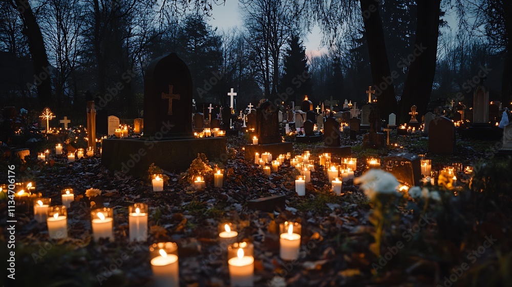 Illuminated Gravesites In A Tranquil Cemetery At Dusk Illuminated Gravesites In A Tranquil Cemetery At Dusk