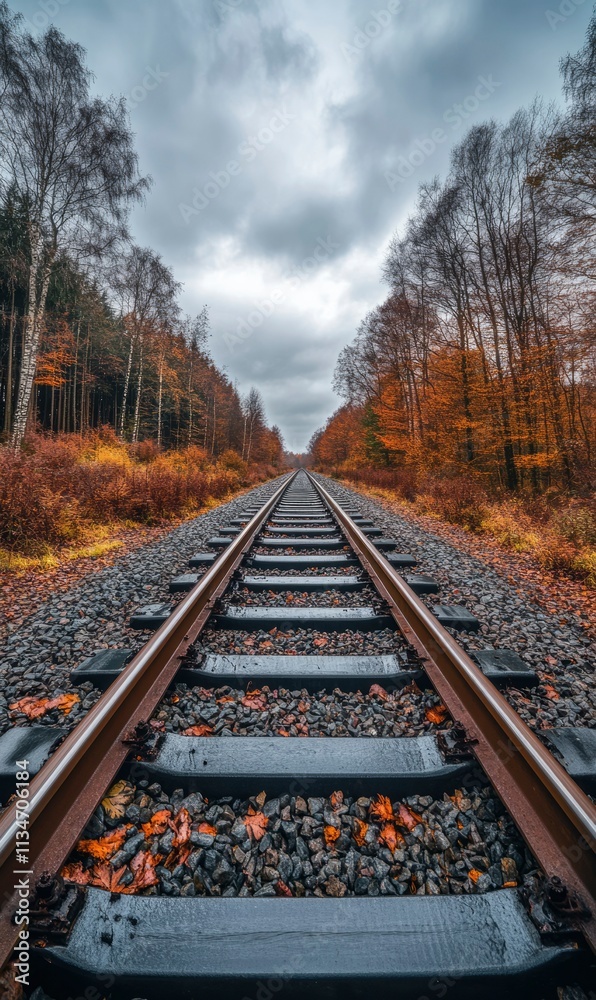 Fototapeta premium Autumnal Railway Tracks Leading Through a Forest