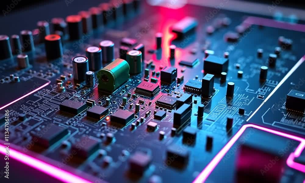 A circuit board with vibrant colors