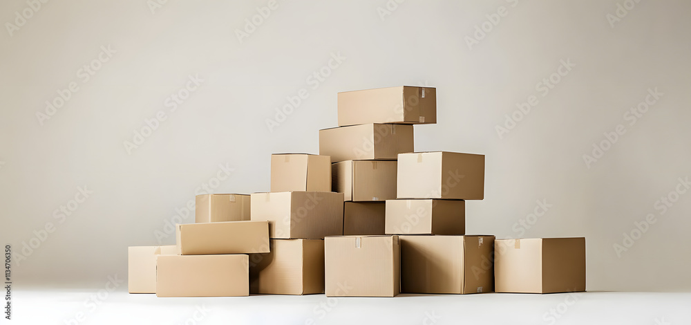 Obraz premium A neatly stacked pile of cardboard boxes on a plain background, symbolizing moving or storage organization.