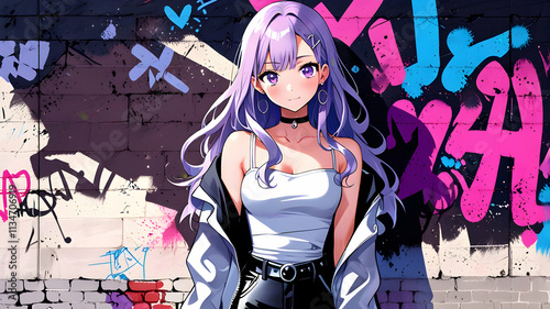 Anime Girl Posing Against Vibrant Graffiti Wall: A Stylish Urban Scene
