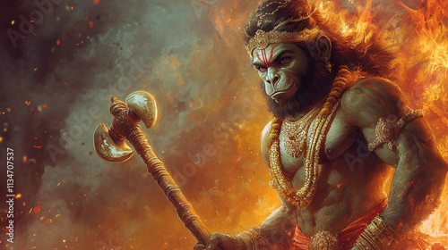 Vibrant Illustration of Lord Hanuman Ji, With Mace and Devotion, Surrounded by Spiritual Glow