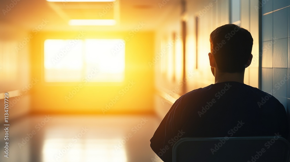 A person sits in a hospital corridor, gazing at a bright sunset through large windows, evoking feelings of hope and reflection. A person sits in a hospital corridor, gazing at a bright sunset through large windows, evoking feelings of hope and reflection.