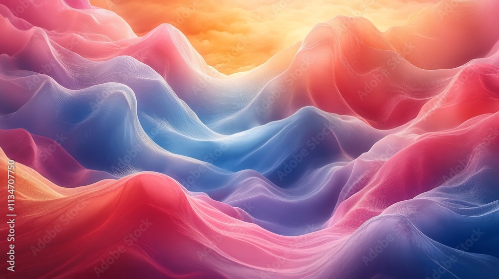 Obraz premium Vibrant abstract mountains rippling like liquid waves under colorful sky blending natural elements with surreal fluid motion