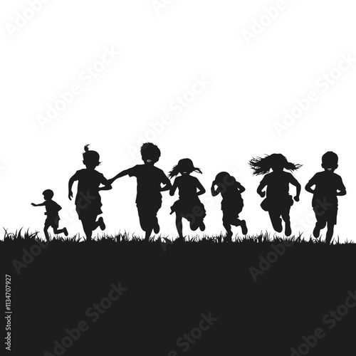 Silhouettes of children running in a field.  Concept of friendship, childhood, happiness, and energy.