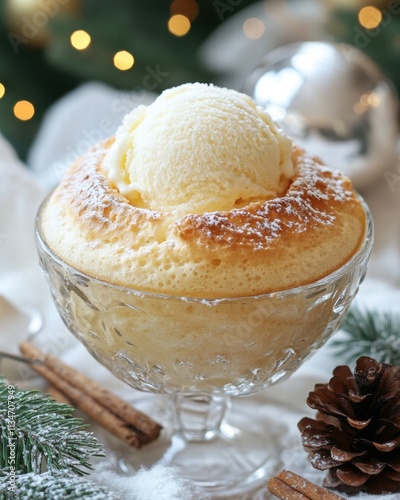 Festive delight christmas pudding souffle with brandy snap and vanilla ice cream holiday table dessert cozy atmosphere culinary indulgence photo