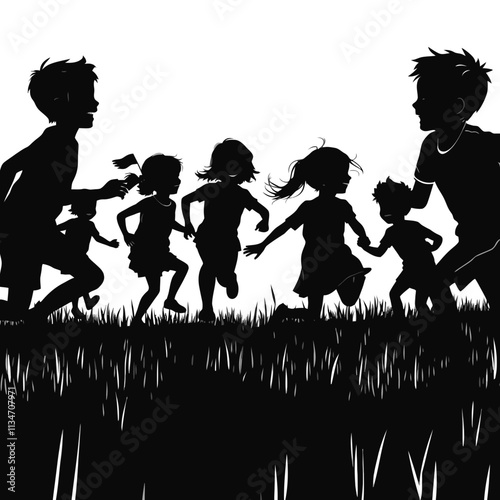 Silhouettes of kids playing outdoors in a field of grass, enjoying carefree fun.