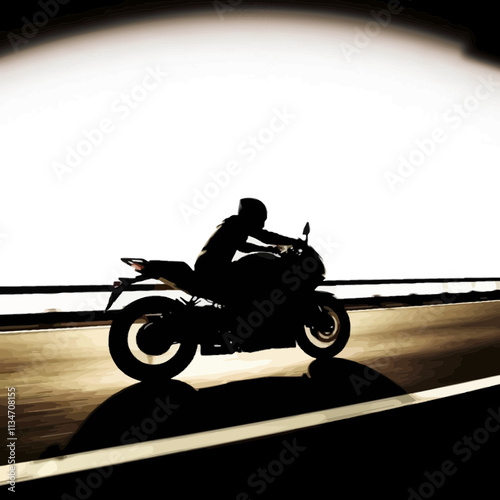 Silhouette of a motorcyclist riding on a highway with a bright background