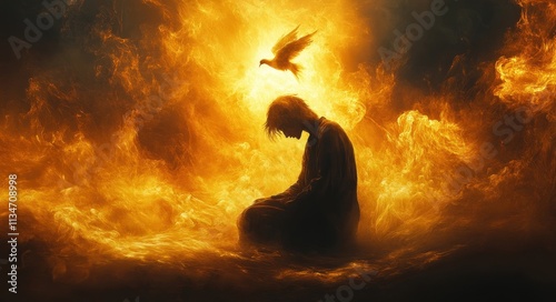 Divine Light and Fire Dove Descending Upon Kneeling Man in Prayer
