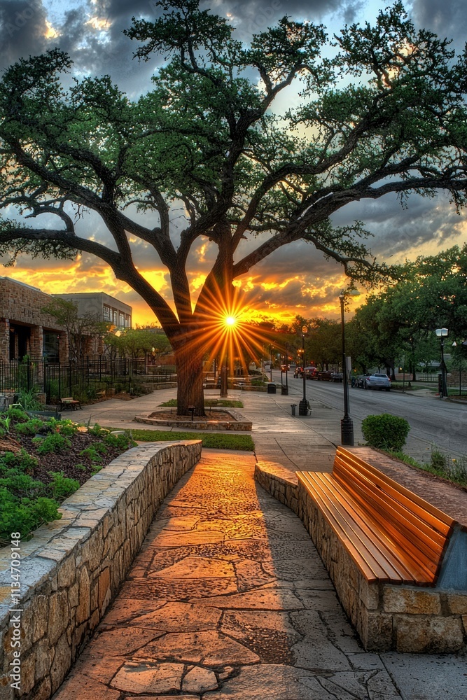 Fototapeta premium Sunset Glows Through Branches Illuminating City Walkway