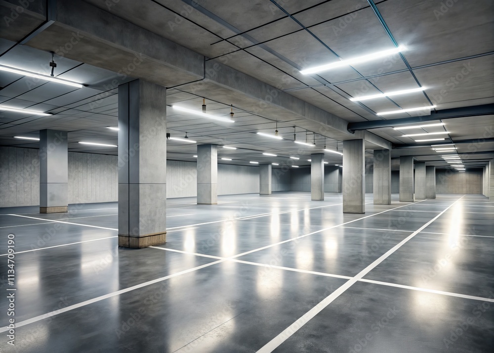 Photorealistic Portrait of an Empty Underground Parking Lot Featuring a Concrete Floor and White Walls, Illuminated with Soft Lighting in a 3D Rendered Environment Photorealistic Portrait of an Empty Underground Parking Lot Featuring a Concrete Floor and White Walls, Illuminated with Soft Lighting in a 3D Rendered Environment