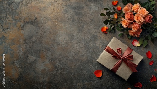 Elegant valentine s day bouquet of pink and orange roses with gift box on gray stone background photo