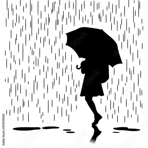 Silhouette of a woman walking in the rain with an umbrella.