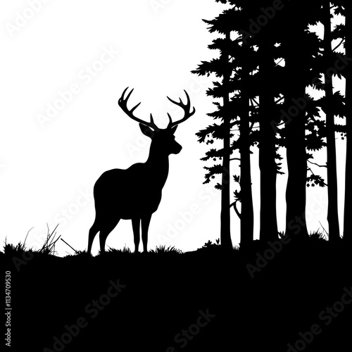 Silhouette of a deer standing in front of pine trees