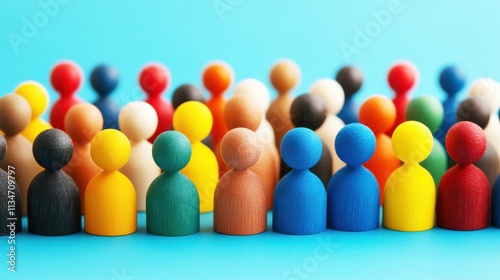 A colorful arrangement of wooden figures represents diversity, community, and unity against a vibrant blue background.