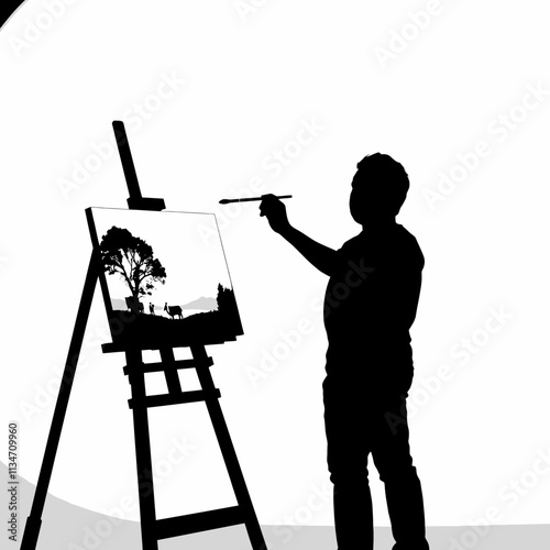 Silhouette of a painter creating art with a brush on canvas.