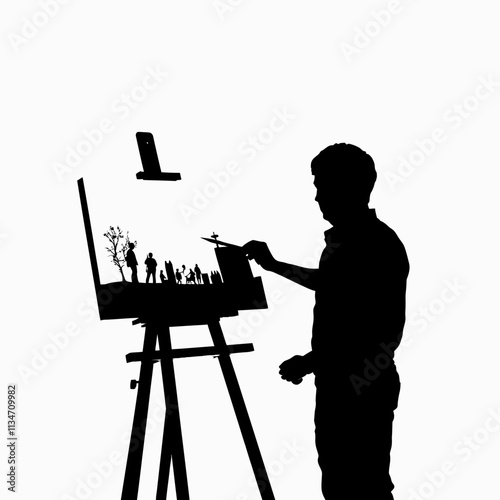 Silhouette of an artist painting a scene with people on an easel.