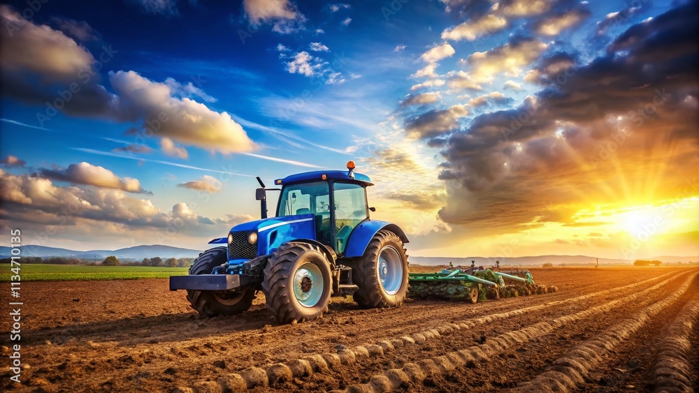 Obraz premium Blue Modern Tractor Plowing Dusty Agricultural Field on Sunny Day, Farmer Cultivating Soil for Planting Crops in Countryside Rural Scene, Vibrant Farming Landscape
