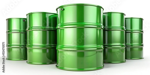 Panoramic industrial image: gleaming green metal barrels, 3D rendered, set against a stark white backdrop. photo