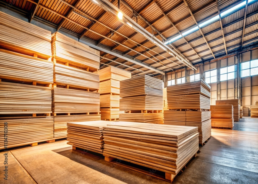 Plywood Sheets Stacked High in a Warehouse, Showcasing Textures and Patterns in Architectural Photography for Construction and Design Projects Plywood Sheets Stacked High in a Warehouse, Showcasing Textures and Patterns in Architectural Photography for Construction and Design Projects