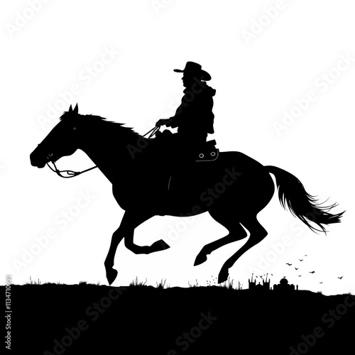 Silhouette of cowboy riding a horse, galloping over the landscape with a distant skyline