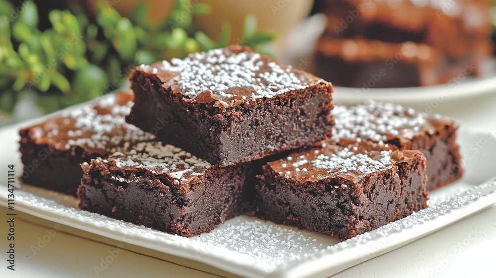 Indulge in fudgy eggless brownies arranged beautifully on white ceramic plate. These treats showcase moist texture garnished powdered sugar and chocolate shavings. Indulge in fudgy eggless brownies arranged beautifully on white ceramic plate. These treats showcase moist texture garnished powdered sugar and chocolate shavings.