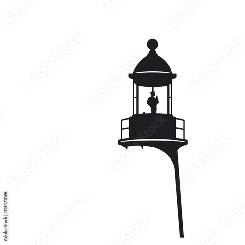 Silhouette of a lighthouse with a lighthouse keeper standing in the tower.