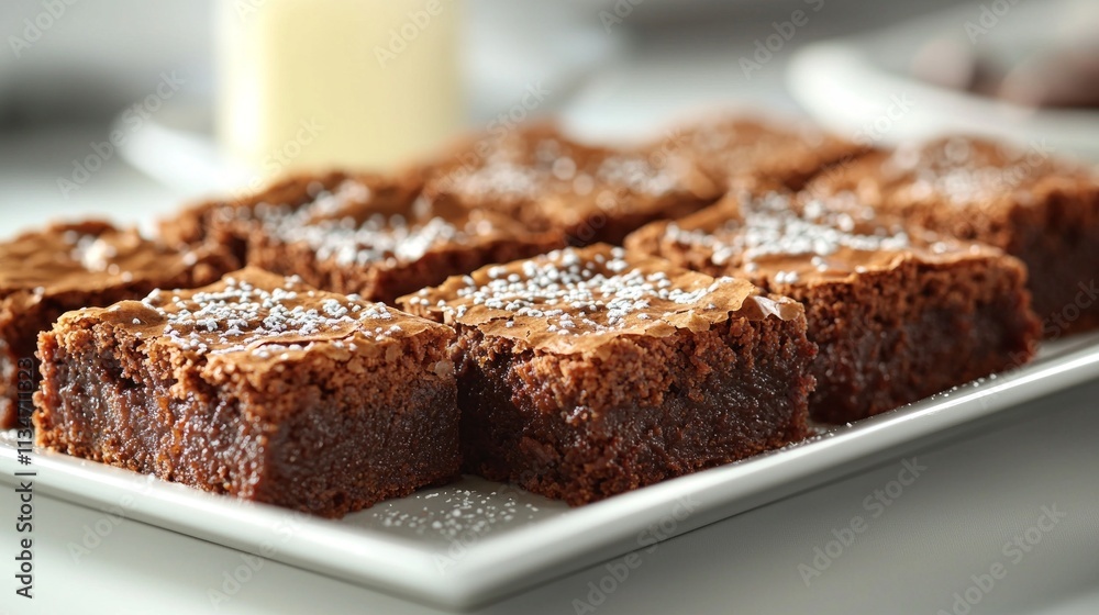 batch of eggless brownies sits elegantly on white ceramic plate showcasing rich fudgy squares glossy chocolate surface garnished powdered sugar and chocolate shavings. batch of eggless brownies sits elegantly on white ceramic plate showcasing rich fudgy squares glossy chocolate surface garnished powdered sugar and chocolate shavings.