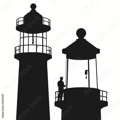 Silhouette of two lighthouses with a lighthouse keeper on one