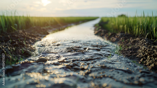 Chemical Runoff in Agricultural Field: A close-up of chemical runoff pooling in an agricultural field, highlighting the impact of pesticides on the environment.