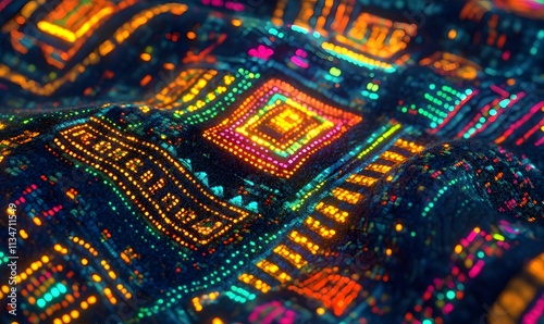 Wavy digital surface with glowing colorful tribal patterns.