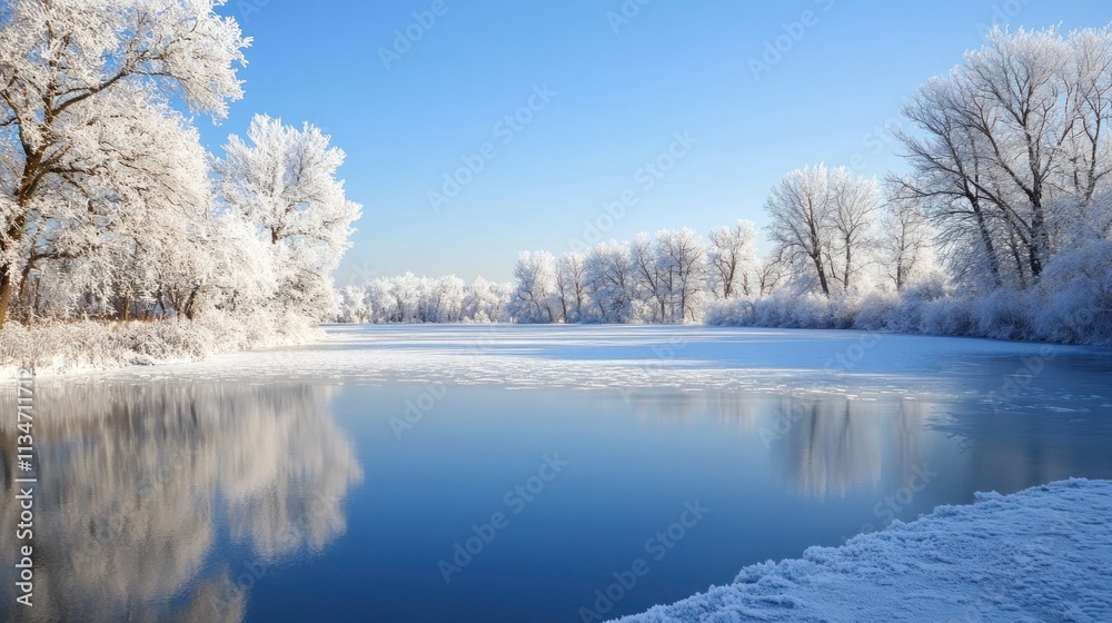 A serene winter landscape featuring a frozen river and frosted trees under a clear blue sky.