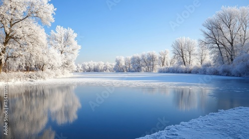 A serene winter landscape featuring a frozen river and frosted trees under a clear blue sky.