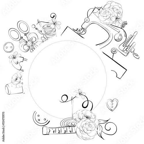 Vintage sewing tools template - sewing machine, scissors, buttons, pin, Centimeter. Circle frame for design with flowers. Vintage old fashion, tailoring for postcard, fabric, printing. Graphic vector