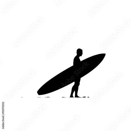Silhouette of a surfer carrying a surfboard on a beach.