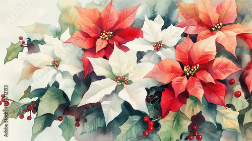 Vibrant Christmas Watercolor Featuring Poinsettias and Holly Leaves, Perfect for Holiday Celebrations
