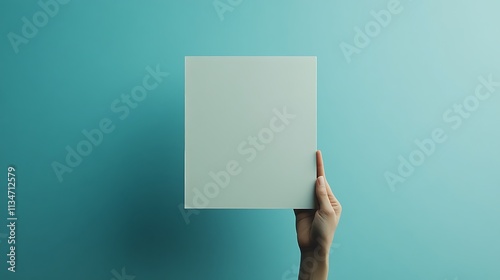 A minimalist composition of a hand grasping a blank sign, framed by a clean blue background for focus and balance 
