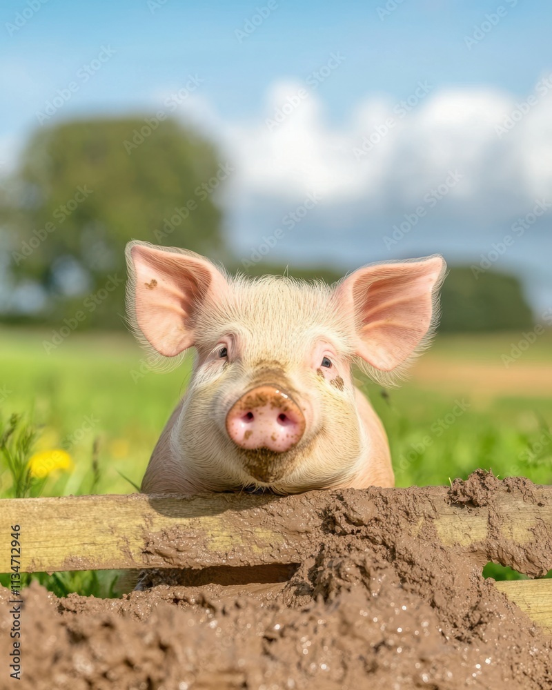 Happy Pig Enjoys a Luxurious Mud Bath Amidst Sunny Landscapes in the Countryside Happy Pig Enjoys a Luxurious Mud Bath Amidst Sunny Landscapes in the Countryside