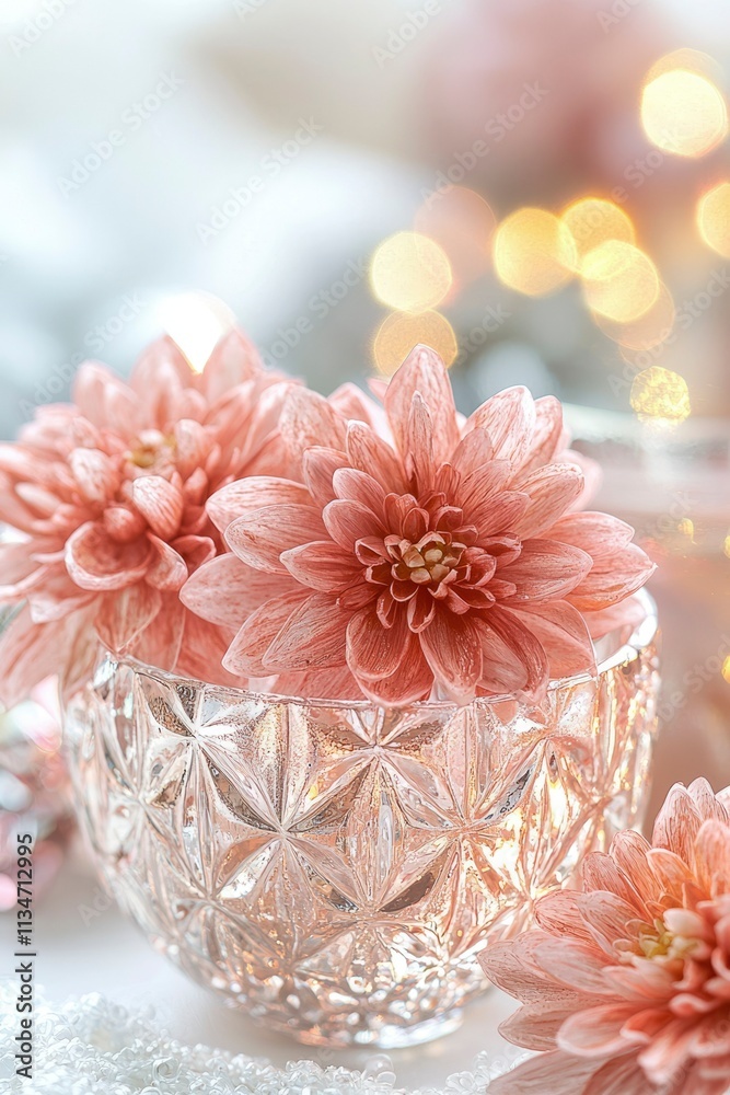 Delicate Pink Dahlias in Crystal Vase Decor Delicate Pink Dahlias in Crystal Vase Decor