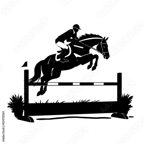 Black silhouette of a showjumper leaping over a hurdle in a showjumping competition.