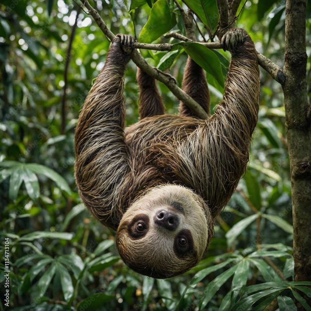 Fototapeta premium A sloth hanging upside down from a tree in a lush jungle.