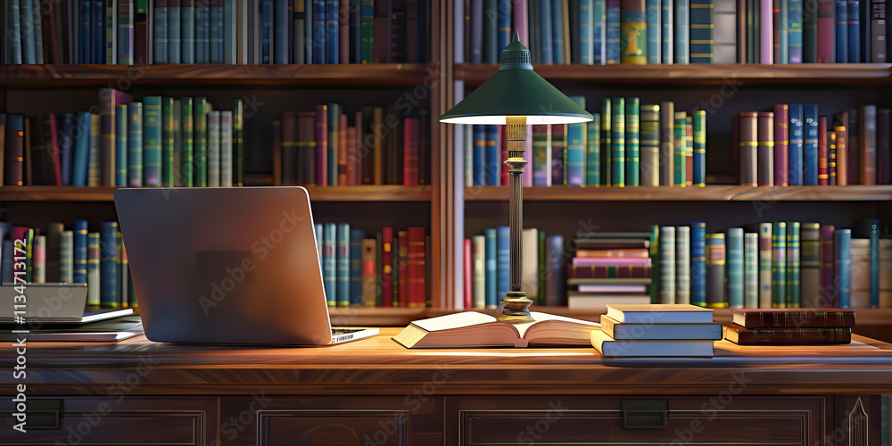 Laptop, Books, and Desk Lamp on Wooden Desk in Library Setting Laptop, Books, and Desk Lamp on Wooden Desk in Library Setting