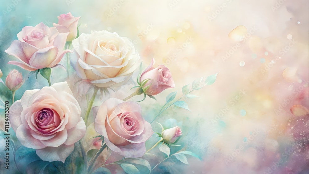 Fototapeta premium A Delicate Watercolor Painting of Pastel Roses with a Soft Blurred Background