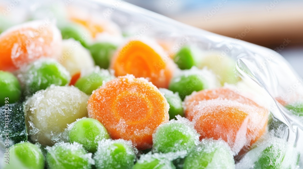 Close up of Colorful Frozen Vegetables Showcasing Frost Crystals and Vibrant Hues Close up of Colorful Frozen Vegetables Showcasing Frost Crystals and Vibrant Hues