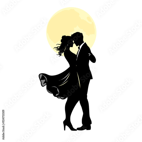 Silhouette of a couple dancing under a full moon, a romantic evening